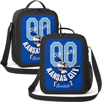 Kansas City personalized batter graphic baseball lunch bag in royal blue and white showing front and angled views with custom name and number
