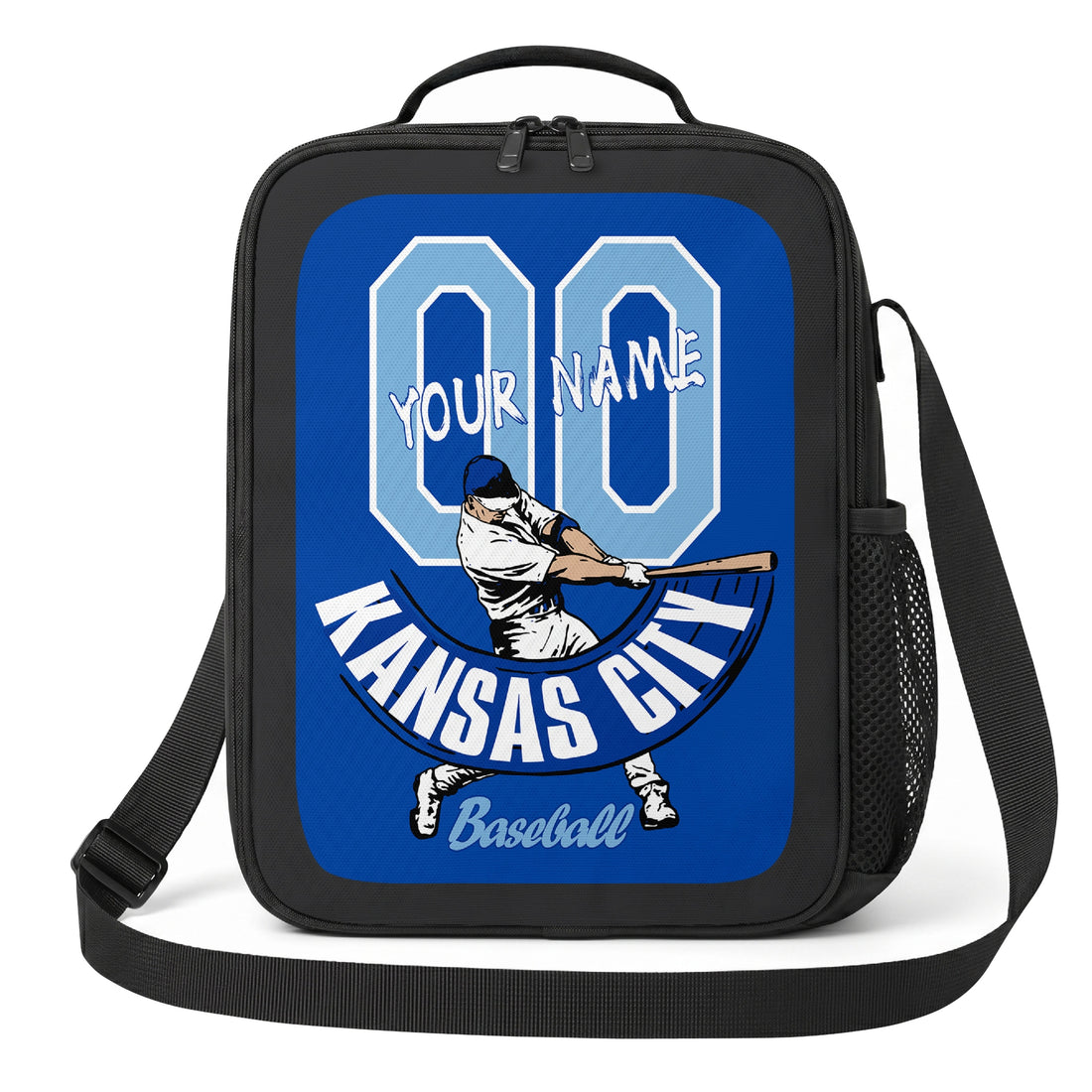 Kansas City personalized batter graphic baseball lunch bag in royal blue and white showing front and angled views with custom name and number