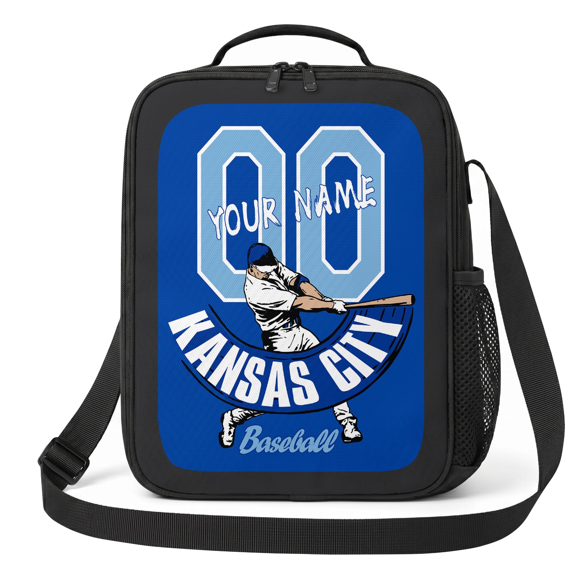 Kansas City personalized baseball lunch bag front view in royal blue and white with swinging batter graphic custom name and jersey number