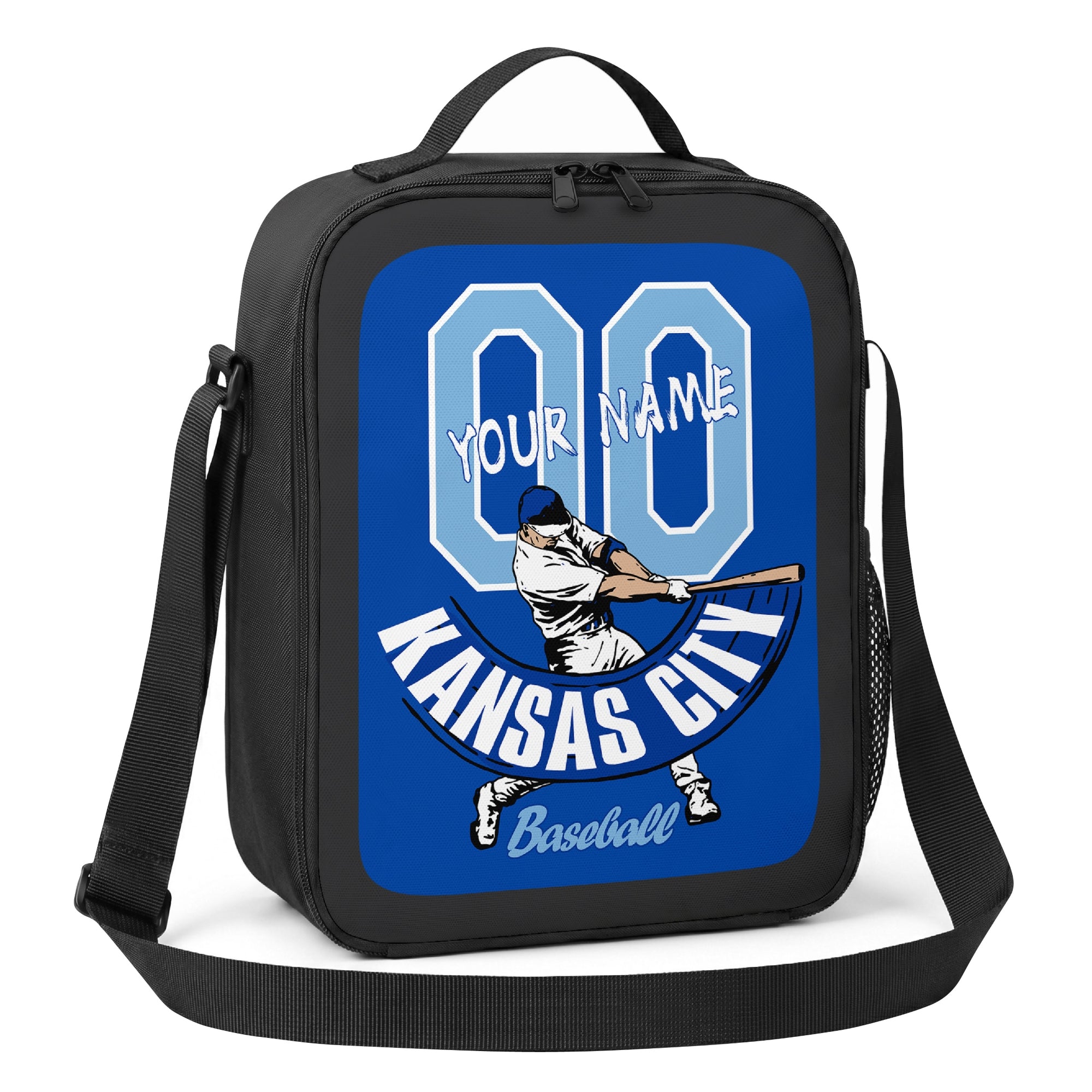 Kansas City personalized batter baseball lunch bag angled view with top handle shoulder strap and side mesh pocket