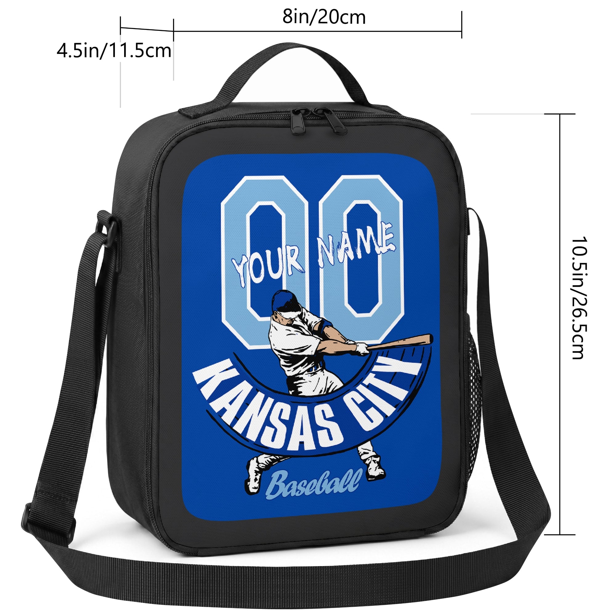 Kansas City personalized baseball lunch bag size guide showing 8 inch width 4.5 inch depth and 10.5 inch height