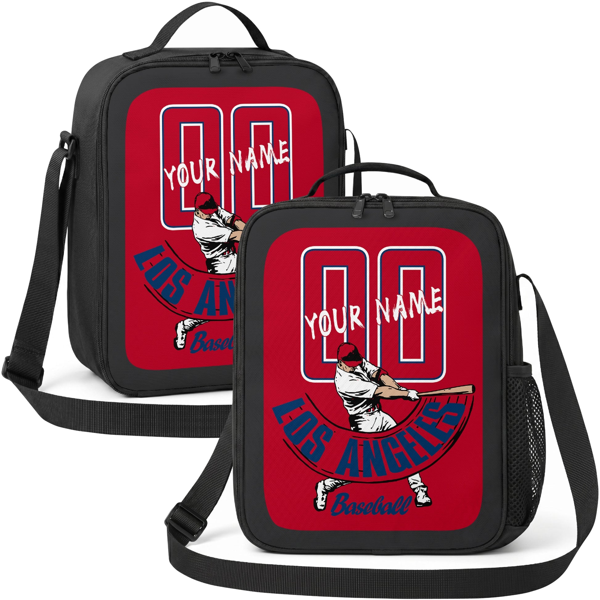 Los Angeles Red and Navy personalized batter graphic baseball lunch bag in red navy blue and white showing front and angled views with custom name and number