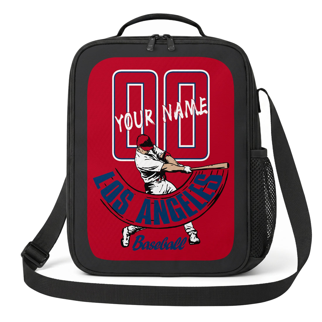 Los Angeles Red and Navy personalized batter graphic baseball lunch bag in red navy blue and white showing front and angled views with custom name and number