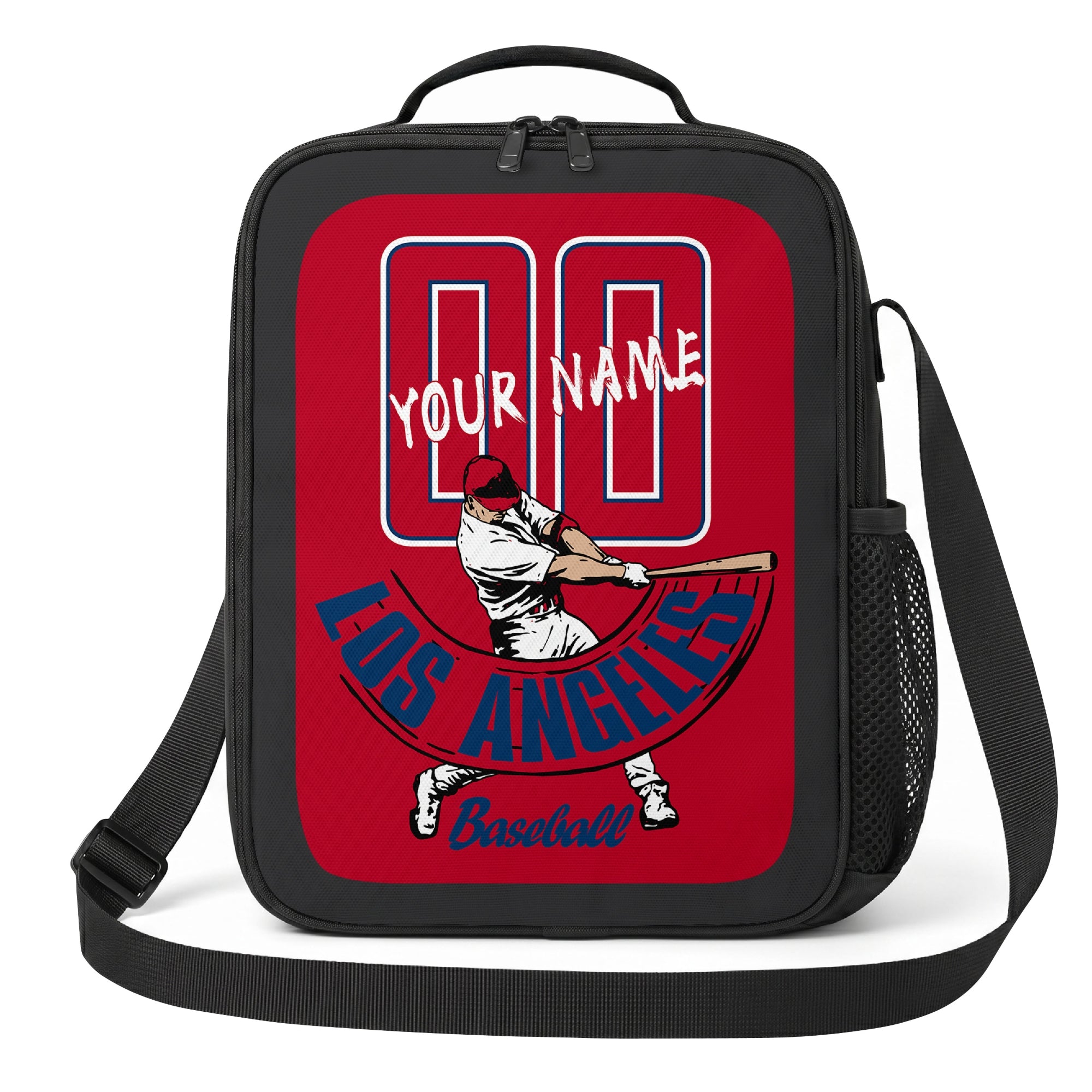 Los Angeles Red and Navy personalized baseball lunch bag front view in red navy blue and white with swinging batter graphic custom name and jersey number