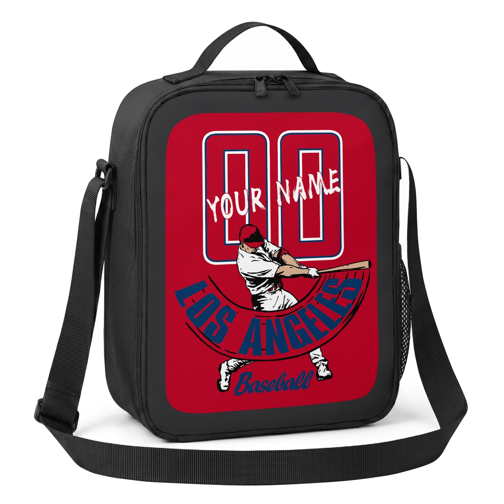 Los Angeles Red and Navy personalized batter baseball lunch bag angled view with top handle shoulder strap and side mesh pocket