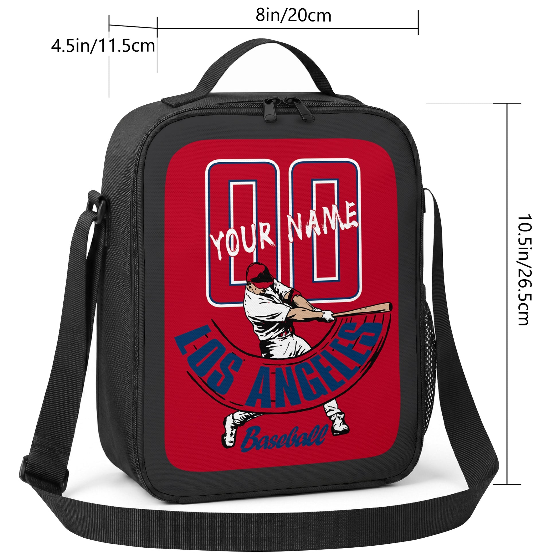 Los Angeles Red and Navy personalized baseball lunch bag size guide showing 8 inch width 4.5 inch depth and 10.5 inch height