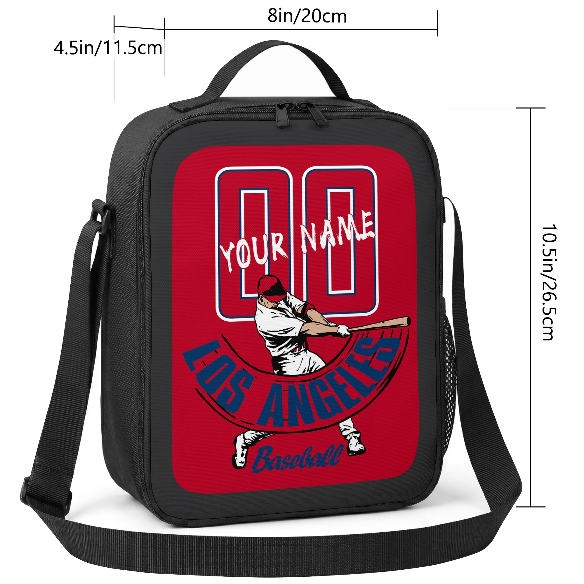 Los Angeles Red and Navy personalized baseball lunch bag size guide showing 8 inch width 4.5 inch depth and 10.5 inch height