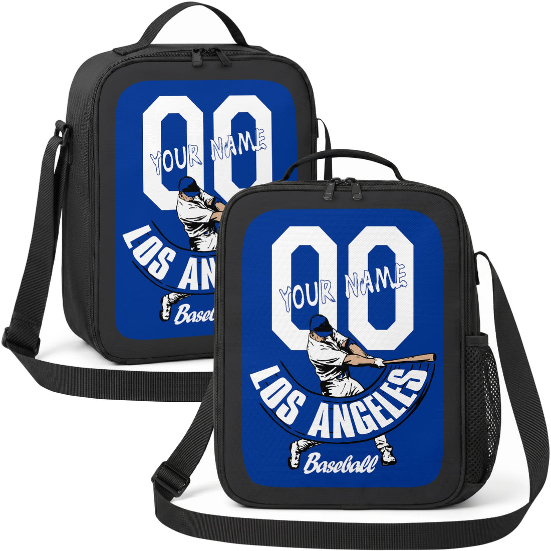 Los Angeles Blue and White personalized batter graphic baseball lunch bag in royal blue and white showing front and angled views with custom name and number