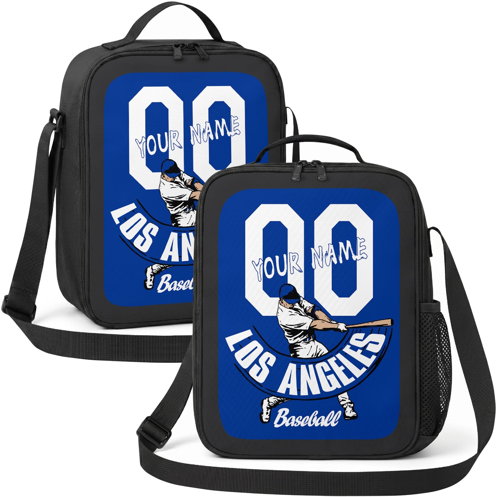 Los Angeles Blue and White personalized batter graphic baseball lunch bag in royal blue and white showing front and angled views with custom name and number