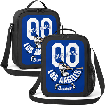 Los Angeles Blue and White personalized batter graphic baseball lunch bag in royal blue and white showing front and angled views with custom name and number