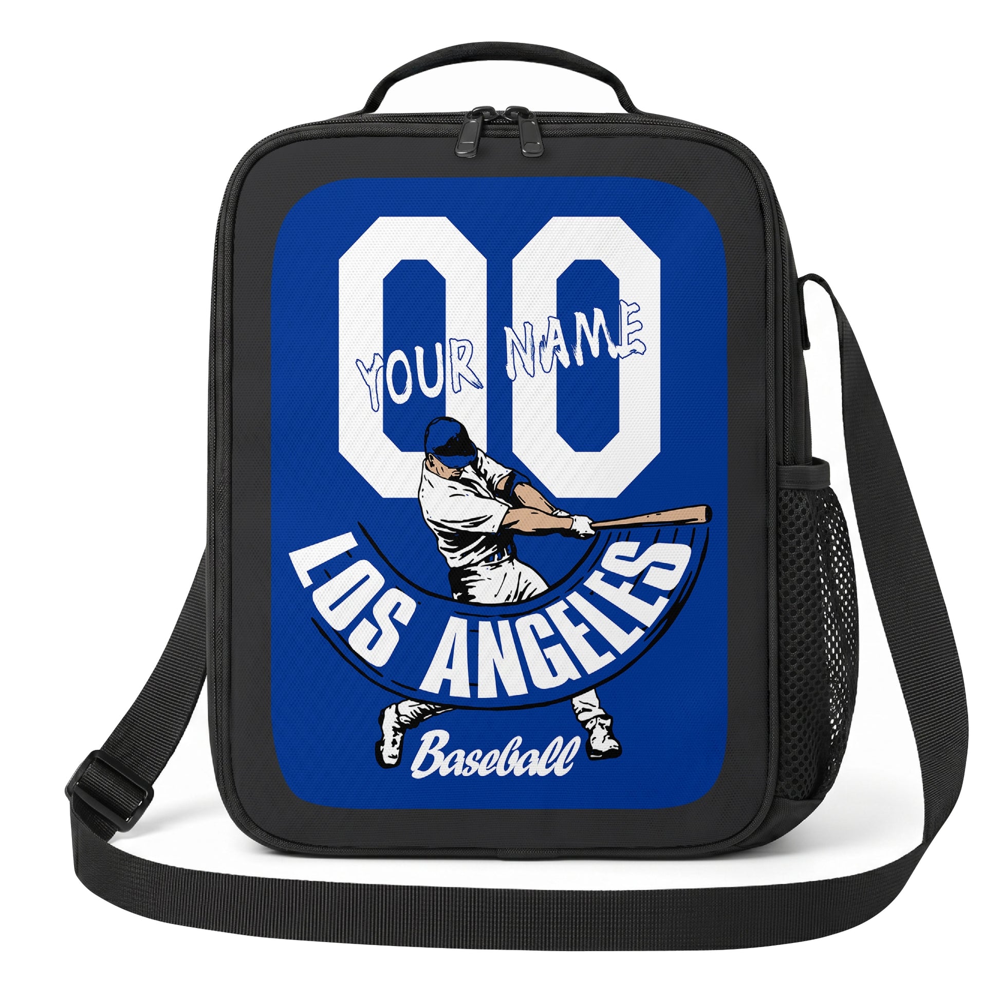 Los Angeles Blue and White personalized baseball lunch bag front view in royal blue and white with swinging batter graphic custom name and jersey number