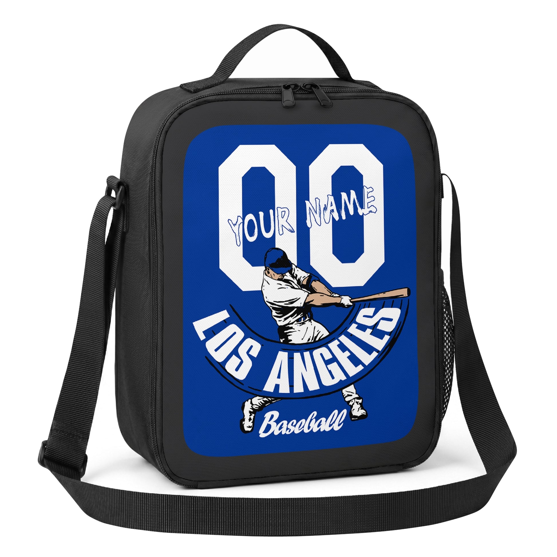 Los Angeles Blue and White personalized batter baseball lunch bag angled view with top handle shoulder strap and side mesh pocket