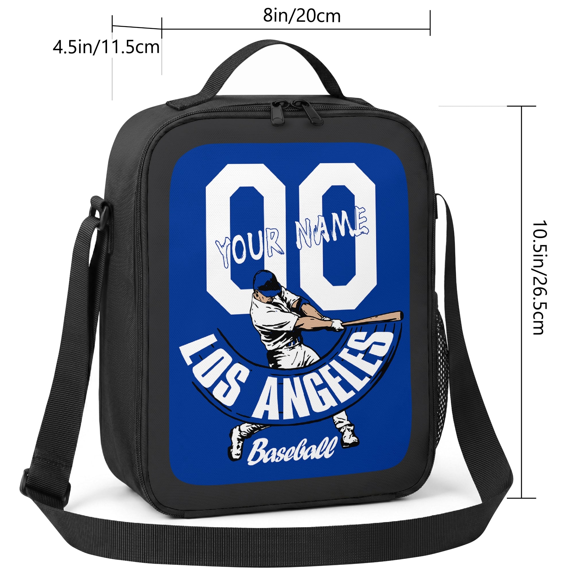 Los Angeles Blue and White personalized baseball lunch bag size guide showing 8 inch width 4.5 inch depth and 10.5 inch height