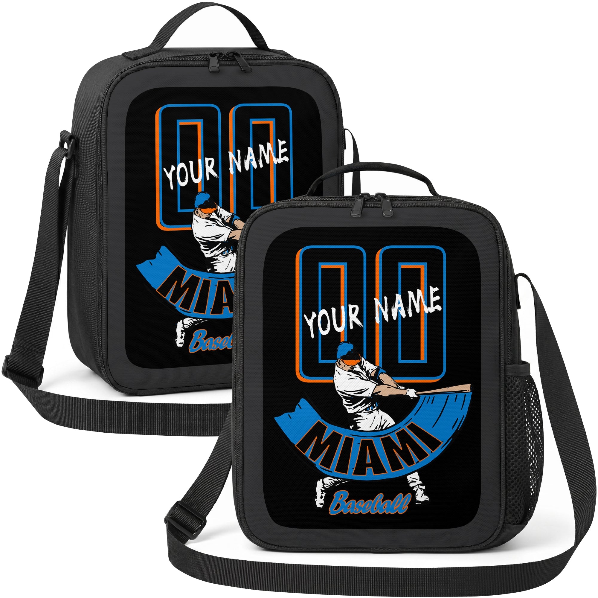 Miami personalized batter graphic baseball lunch bag in black teal and orange showing front and angled views with custom name and number