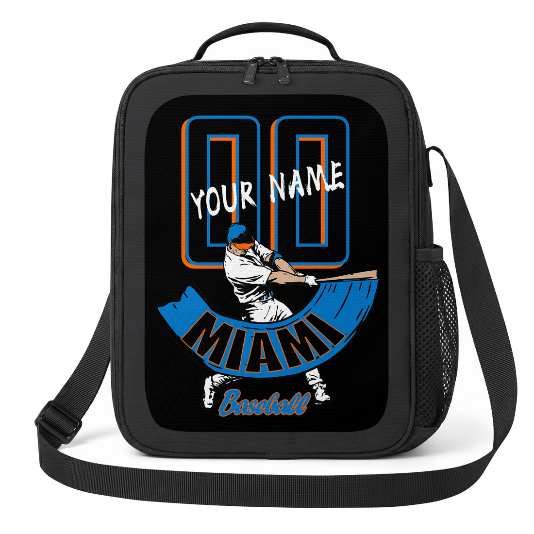 Miami personalized batter graphic baseball lunch bag in black teal and orange showing front and angled views with custom name and number