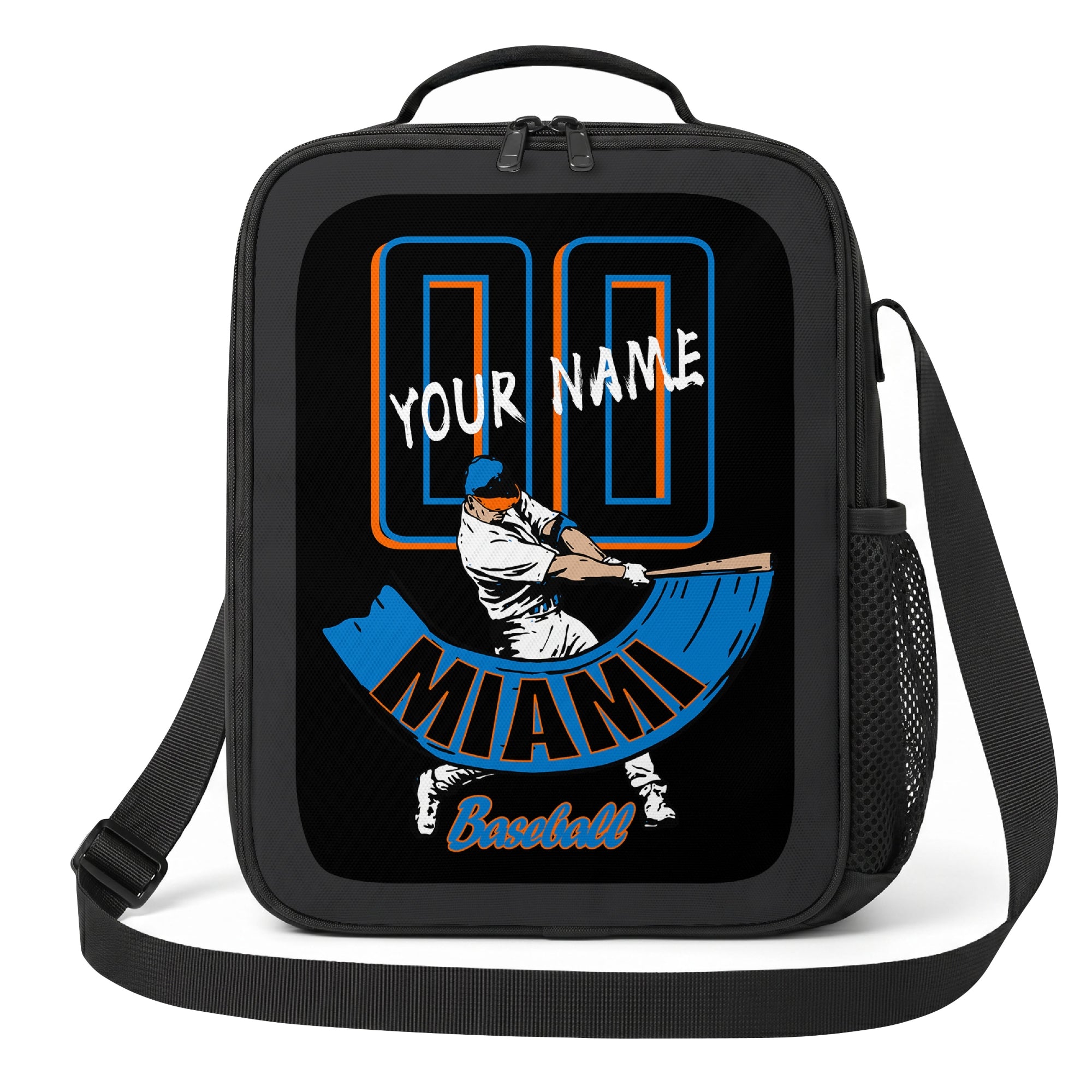 Miami personalized baseball lunch bag front view in black teal and orange with swinging batter graphic custom name and jersey number