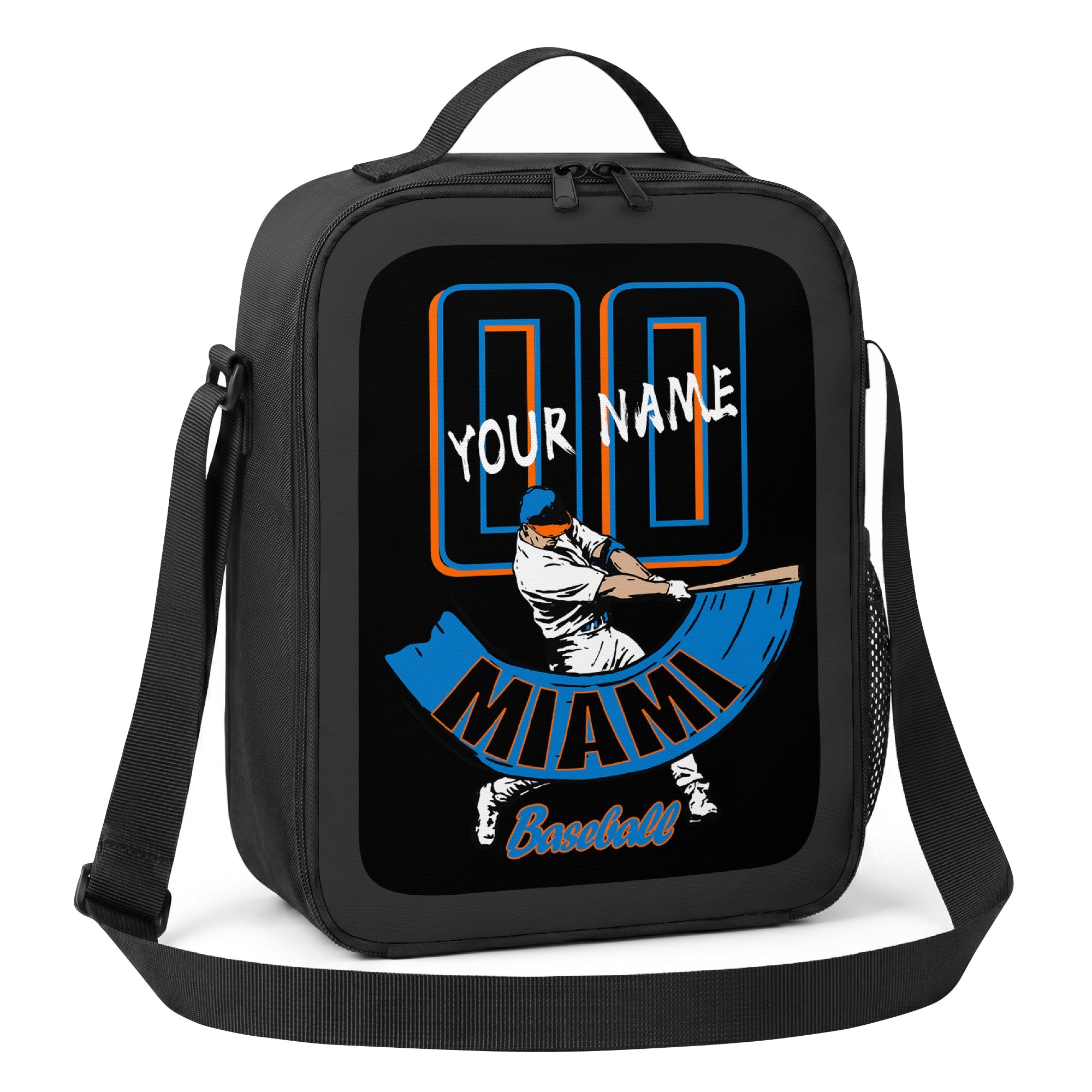 Miami personalized batter baseball lunch bag angled view with top handle shoulder strap and side mesh pocket