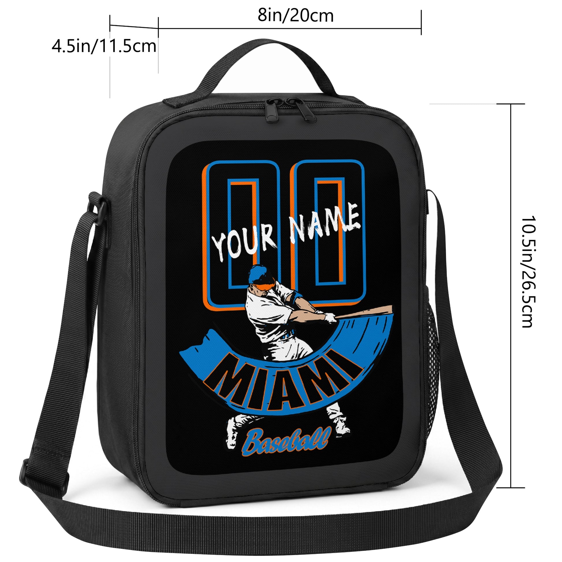 Miami personalized baseball lunch bag size guide showing 8 inch width 4.5 inch depth and 10.5 inch height