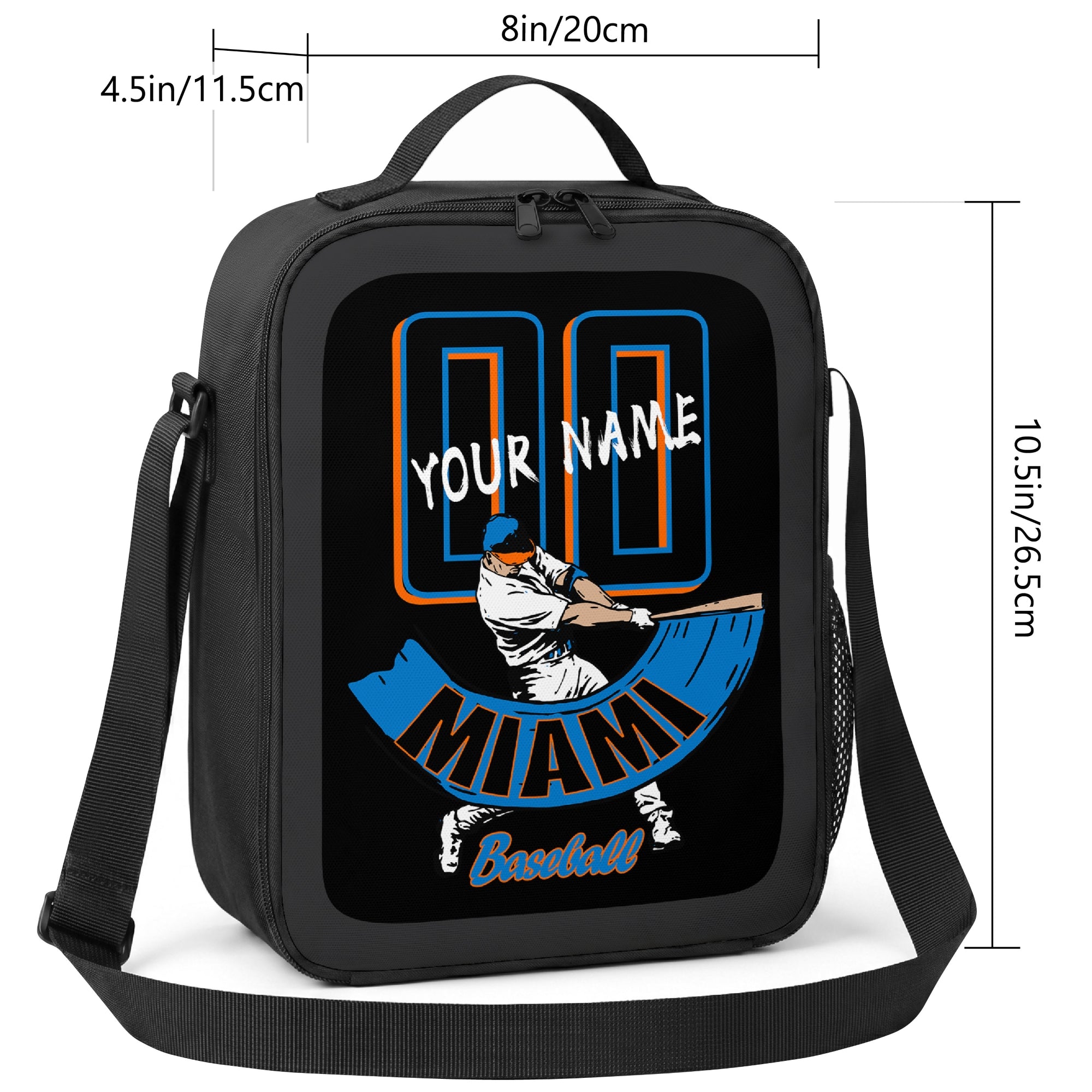 Miami personalized baseball lunch bag size guide showing 8 inch width 4.5 inch depth and 10.5 inch height