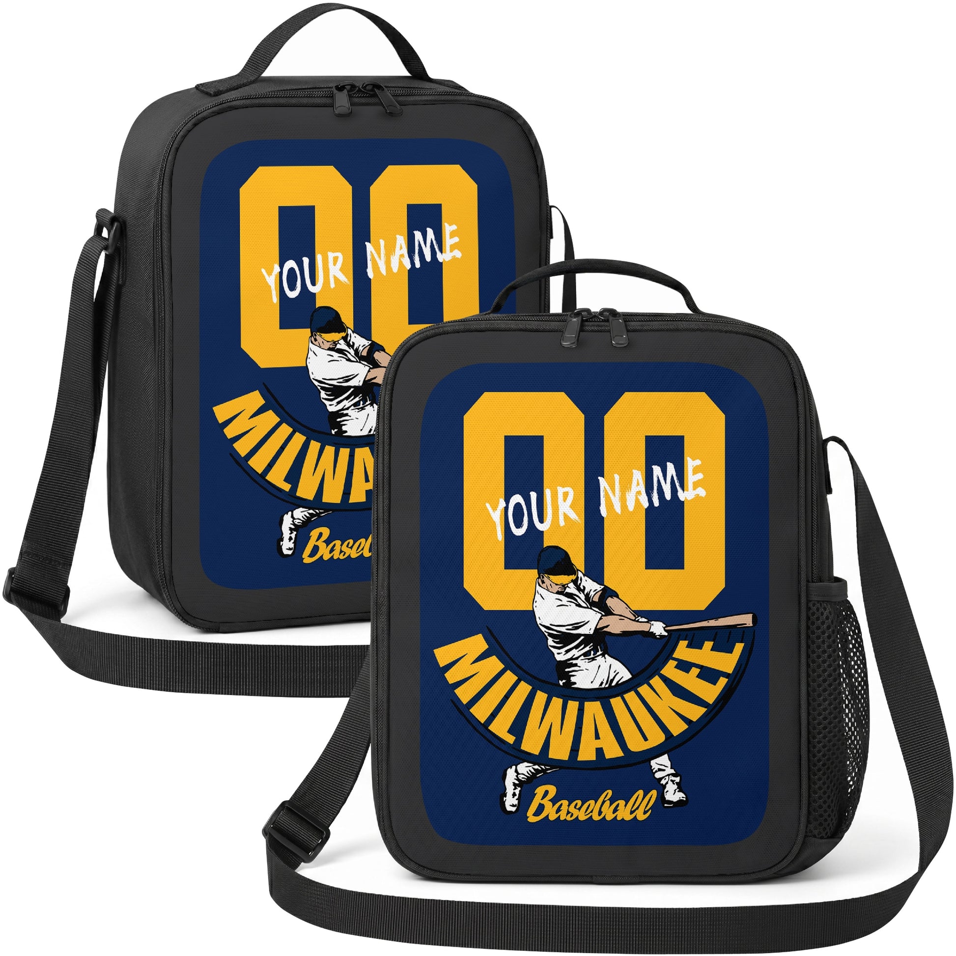 Milwaukee personalized batter graphic baseball lunch bag in navy gold and white showing front and angled views with custom name and number