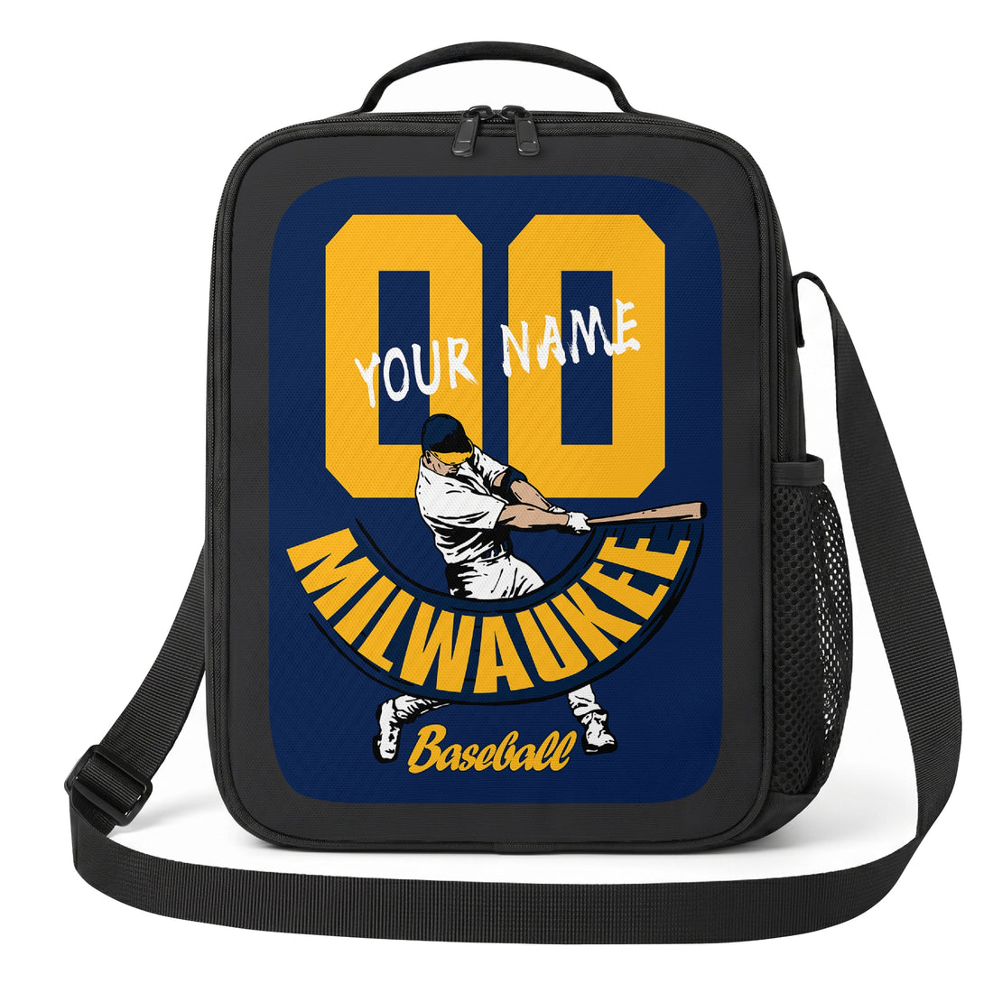 Milwaukee personalized batter graphic baseball lunch bag in navy gold and white showing front and angled views with custom name and number