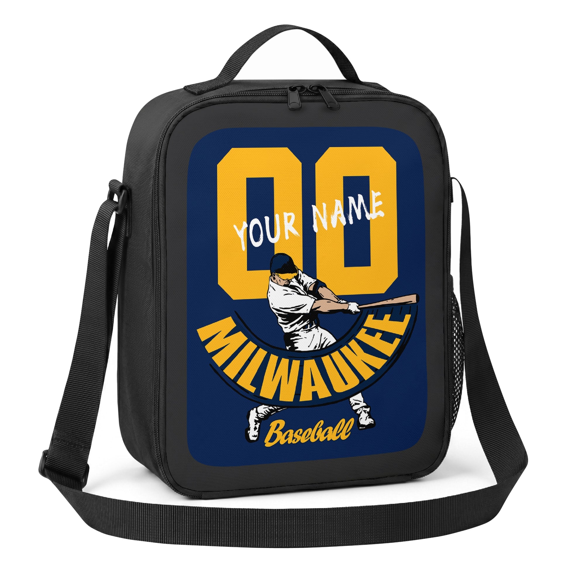 Milwaukee personalized batter baseball lunch bag angled view with top handle shoulder strap and side mesh pocket