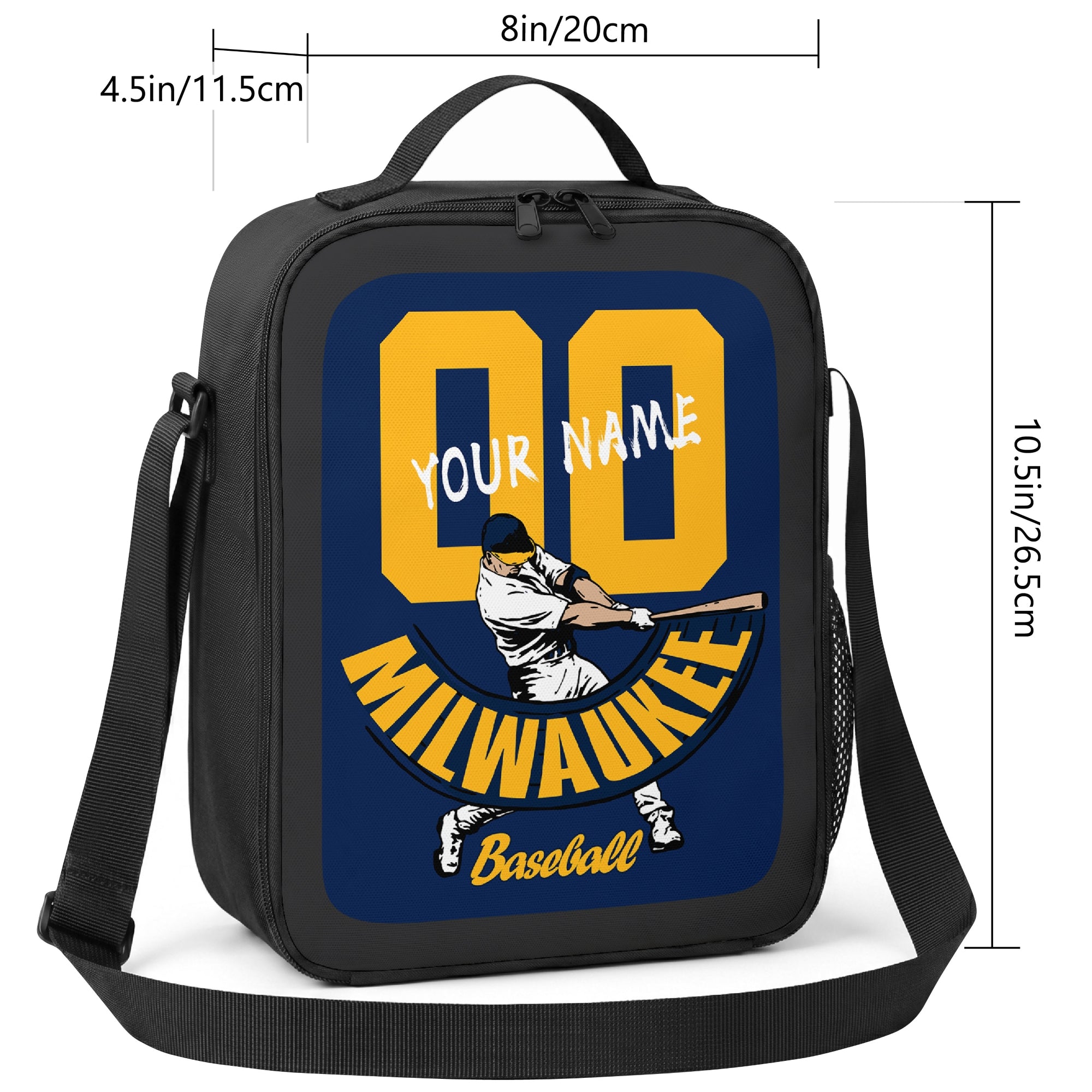 Milwaukee personalized baseball lunch bag size guide showing 8 inch width 4.5 inch depth and 10.5 inch height