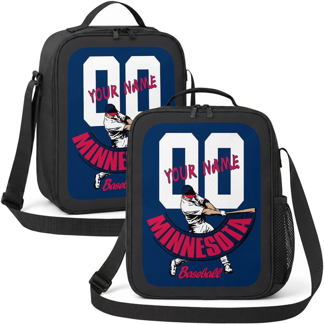 Minnesota personalized batter graphic baseball lunch bag in navy red and white showing front and angled views with custom name and number