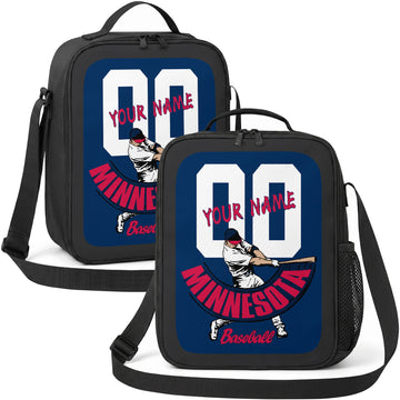 Minnesota personalized batter graphic baseball lunch bag in navy red and white showing front and angled views with custom name and number