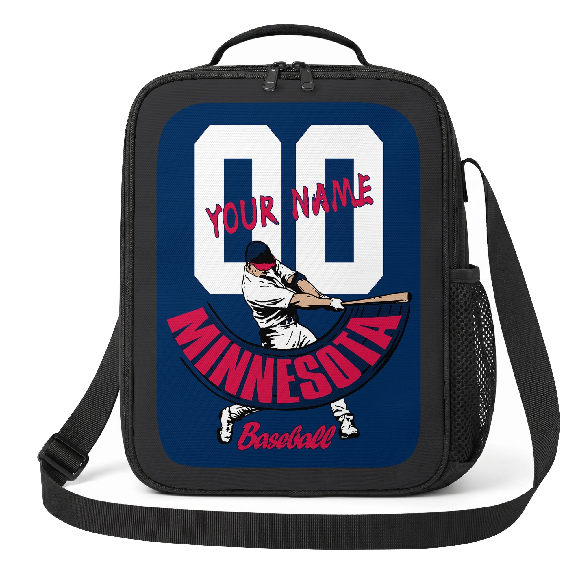 Minnesota personalized baseball lunch bag front view in navy red and white with swinging batter graphic custom name and jersey number