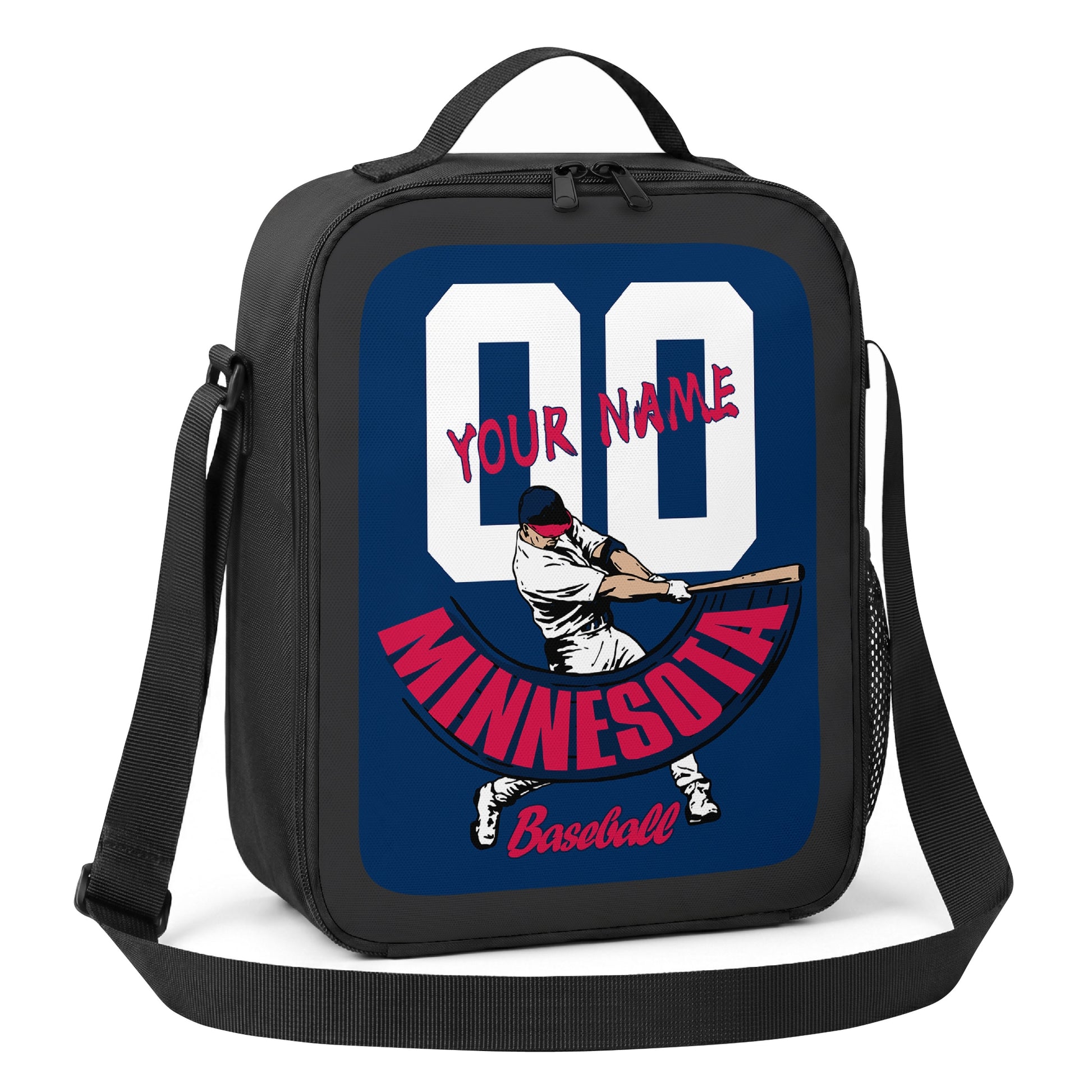 Minnesota personalized batter baseball lunch bag angled view with top handle shoulder strap and side mesh pocket