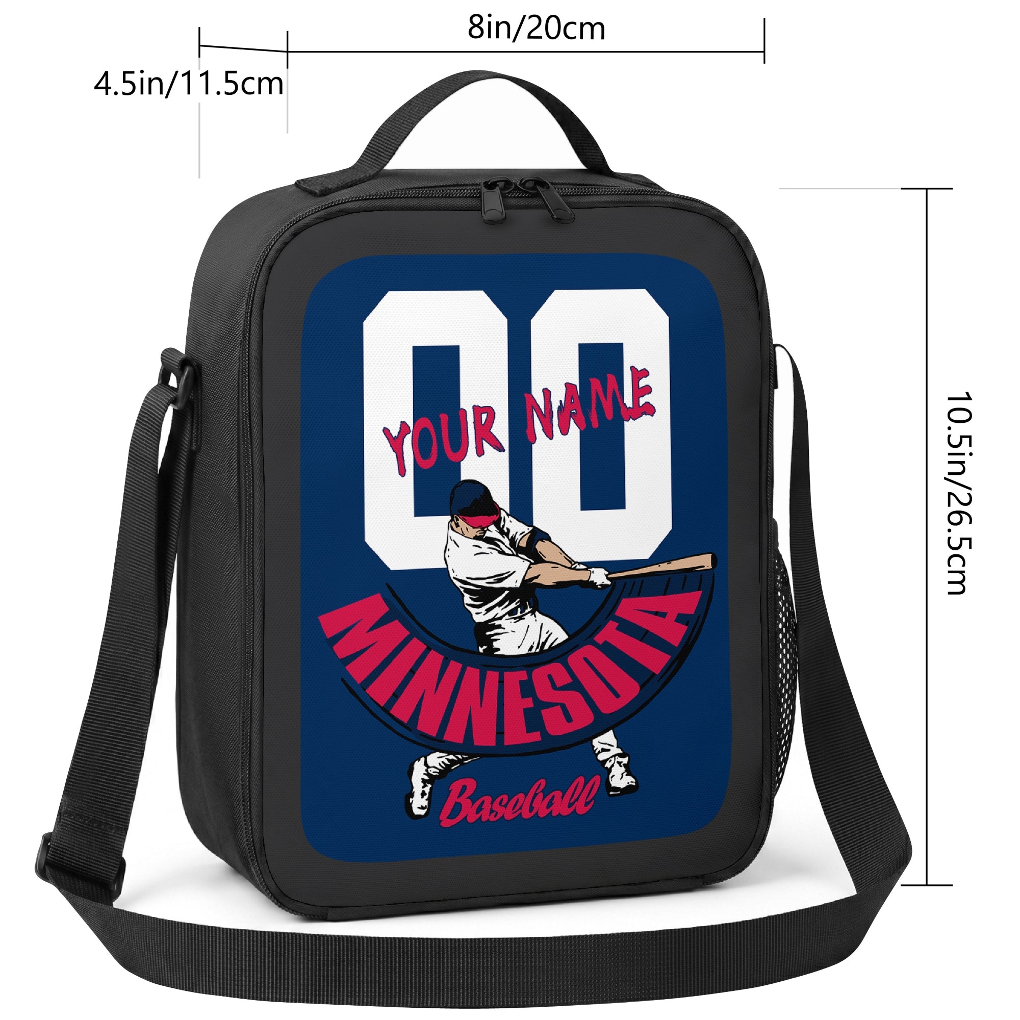 Minnesota personalized baseball lunch bag size guide showing 8 inch width 4.5 inch depth and 10.5 inch height