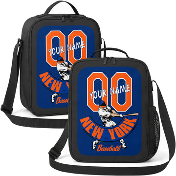 New York Orange and Blue personalized batter graphic baseball lunch bag in navy orange red and white showing front and angled views with custom name and number