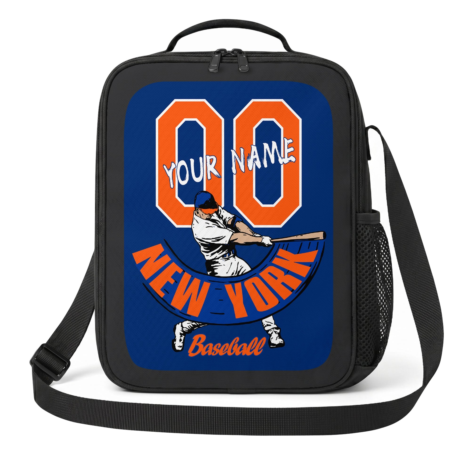 New York Orange and Blue personalized baseball lunch bag front view in navy orange red and white with swinging batter graphic custom name and jersey number