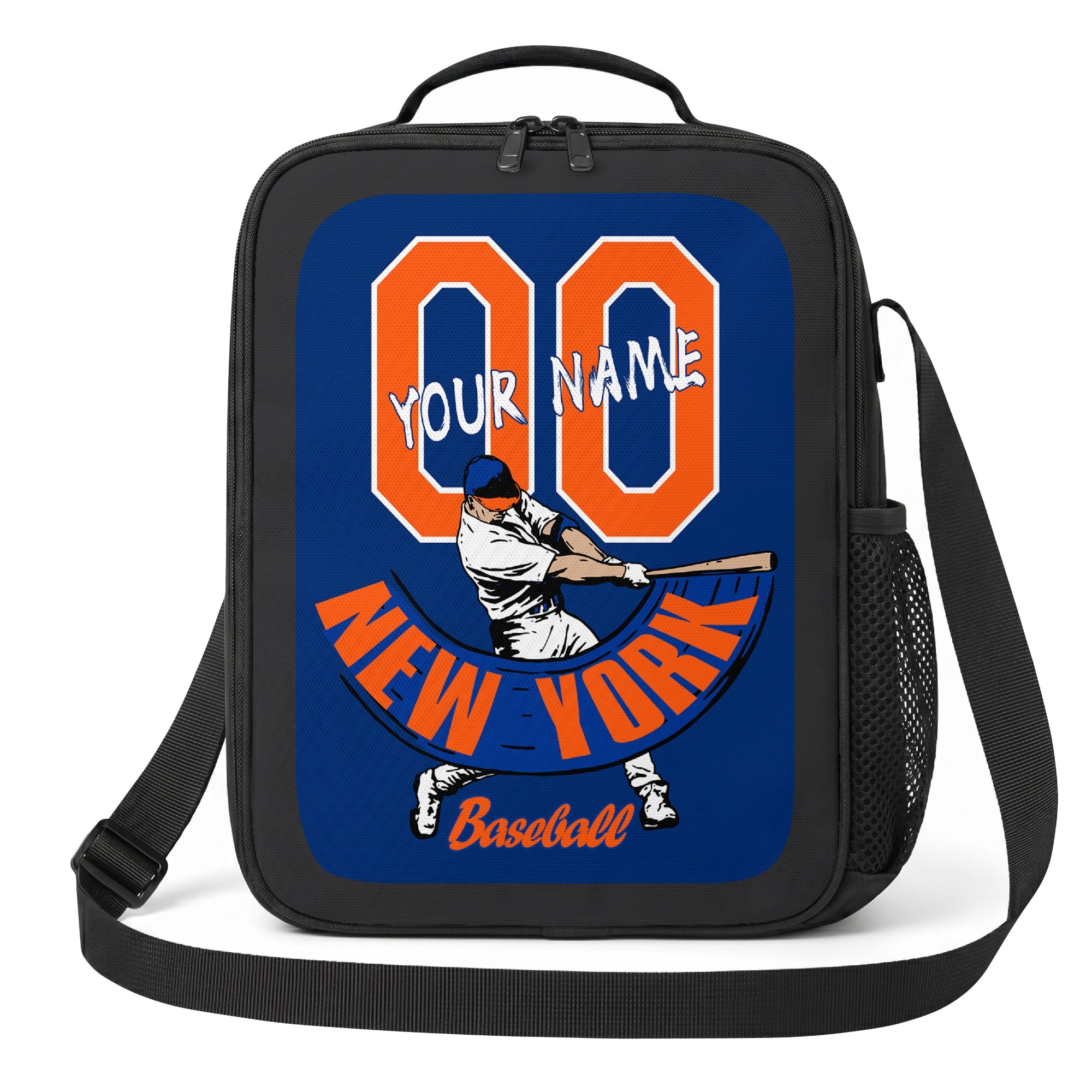 New York Orange and Blue personalized baseball lunch bag front view in navy orange red and white with swinging batter graphic custom name and jersey number