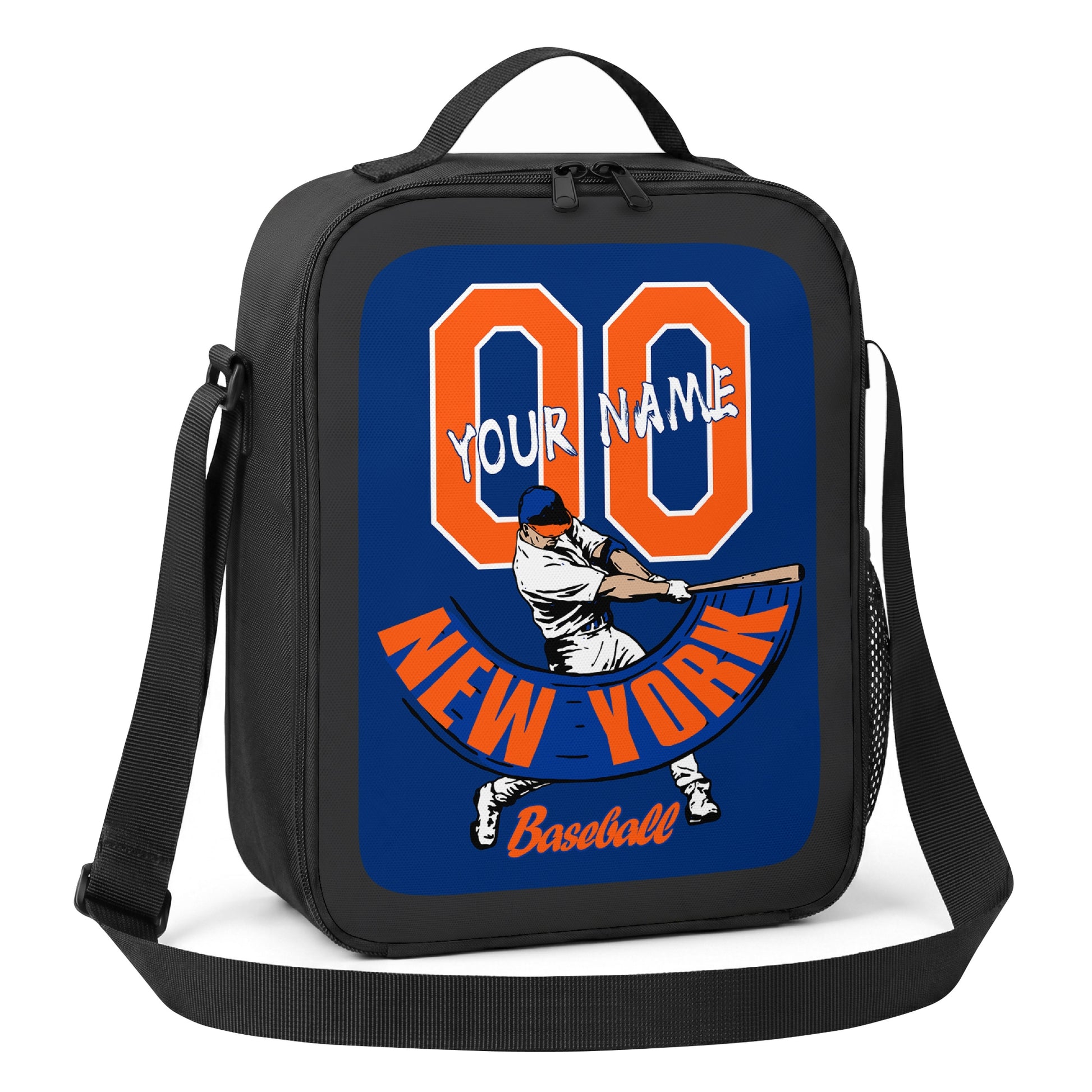 New York Orange and Blue personalized batter baseball lunch bag angled view with top handle shoulder strap and side mesh pocket
