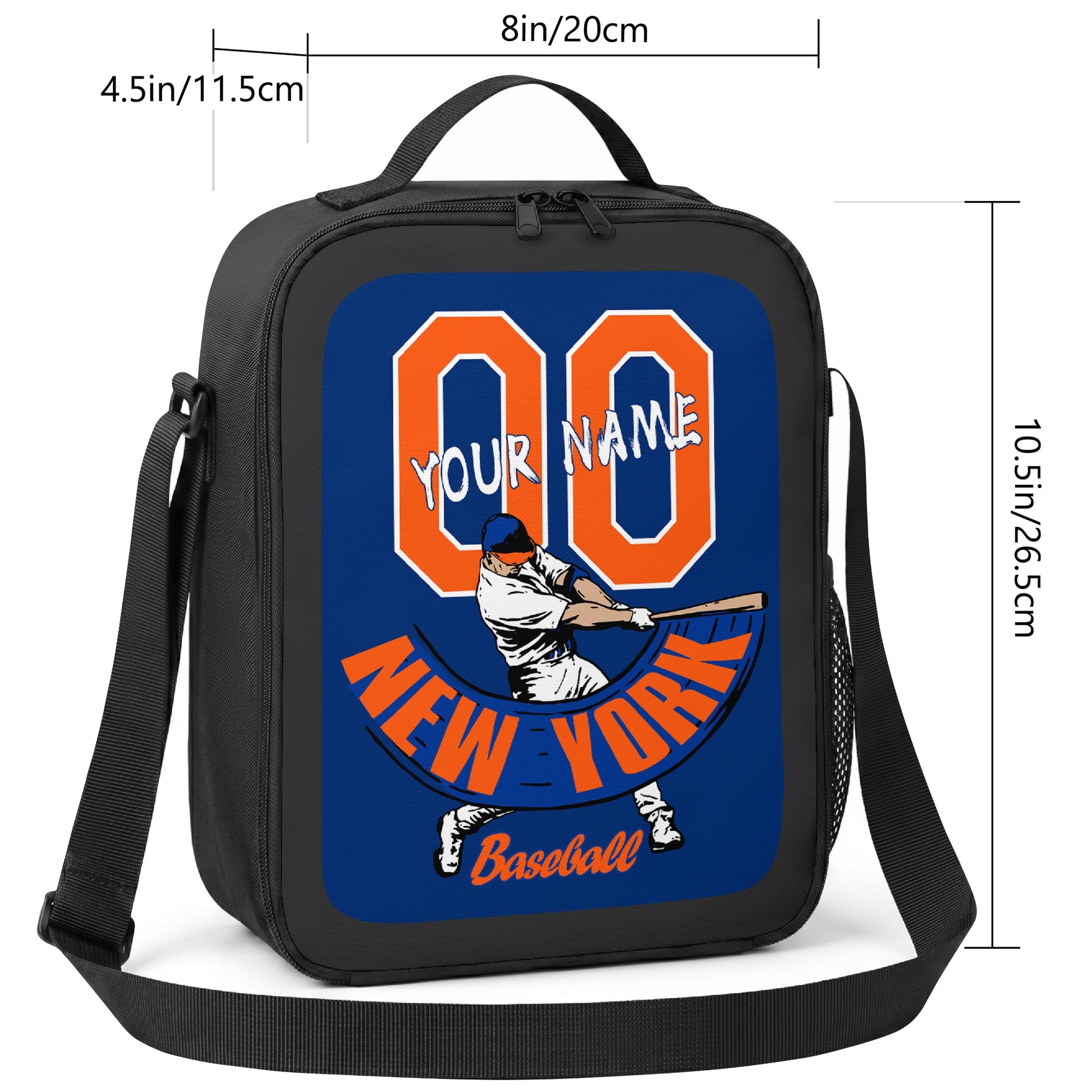 New York Orange and Blue personalized baseball lunch bag size guide showing 8 inch width 4.5 inch depth and 10.5 inch height
