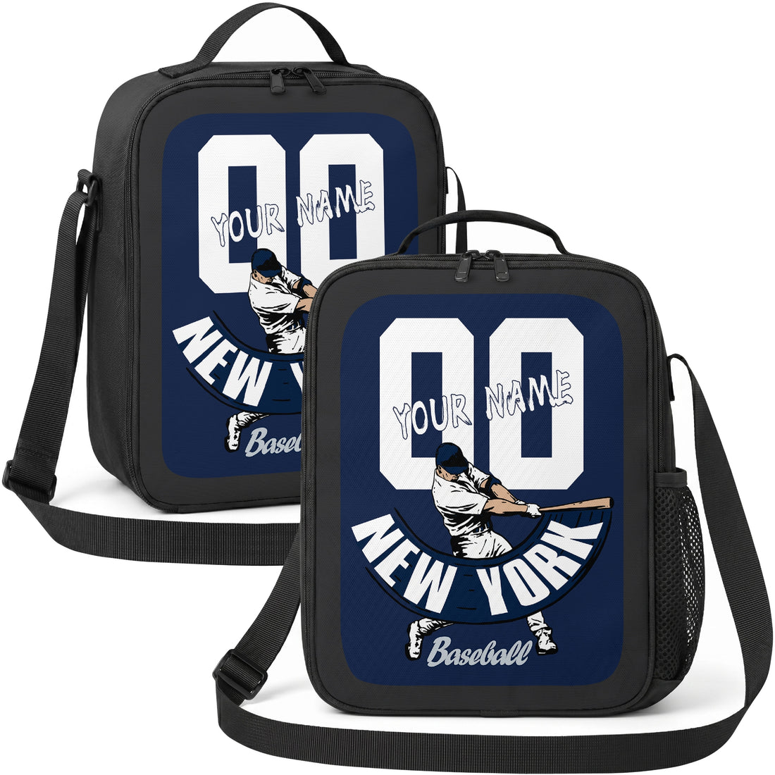 New York Navy and White personalized batter graphic baseball lunch bag in navy white and gray showing front and angled views with custom name and number