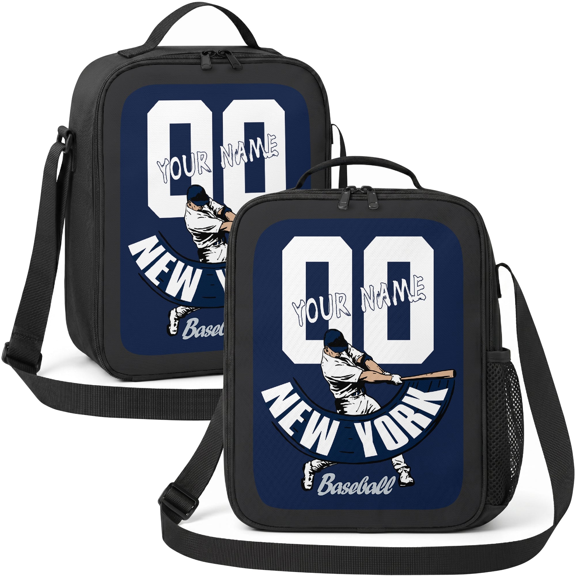 New York Navy and White personalized batter graphic baseball lunch bag in navy white and gray showing front and angled views with custom name and number