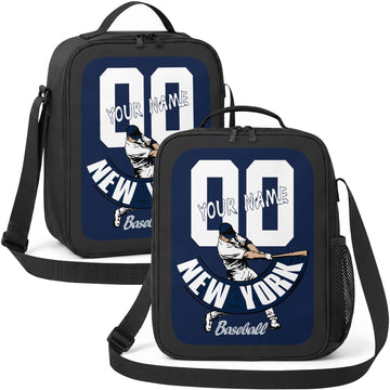 New York Navy and White personalized batter graphic baseball lunch bag in navy white and gray showing front and angled views with custom name and number