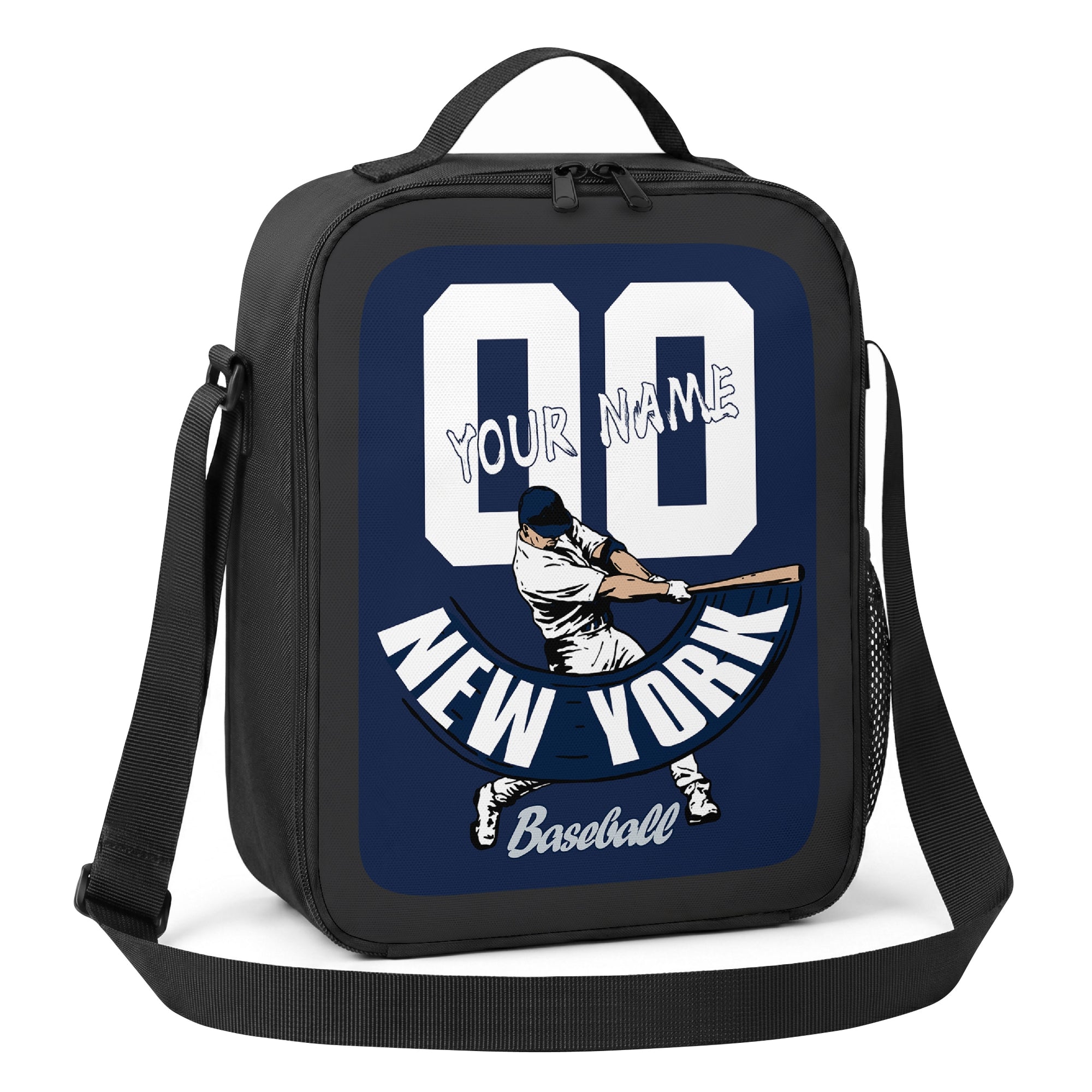 New York Navy and White personalized batter baseball lunch bag angled view with top handle shoulder strap and side mesh pocket