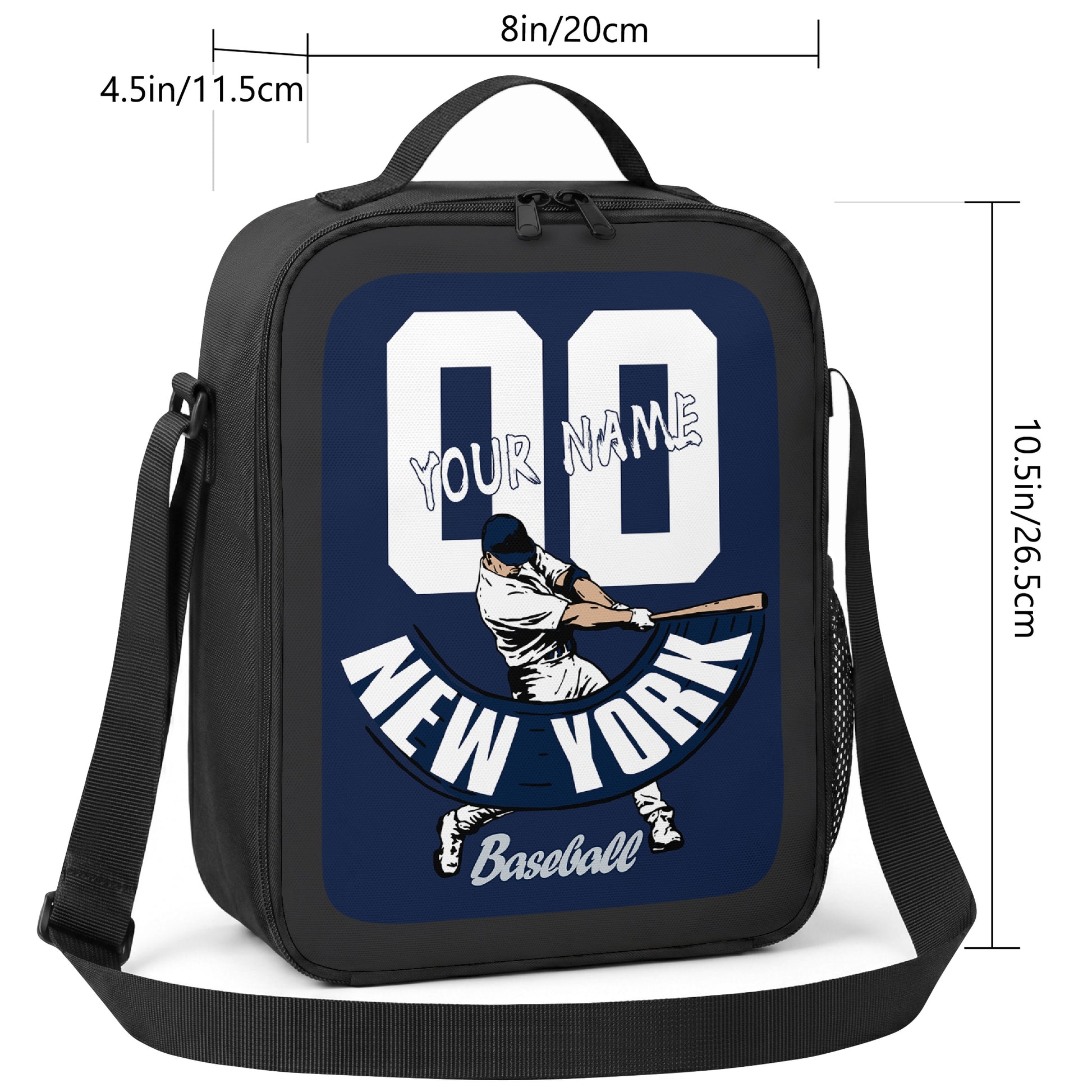 New York Navy and White personalized baseball lunch bag size guide showing 8 inch width 4.5 inch depth and 10.5 inch height