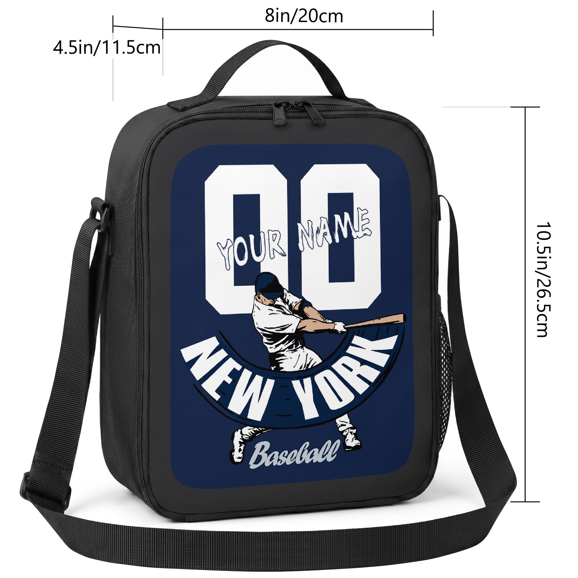 New York Navy and White personalized baseball lunch bag size guide showing 8 inch width 4.5 inch depth and 10.5 inch height