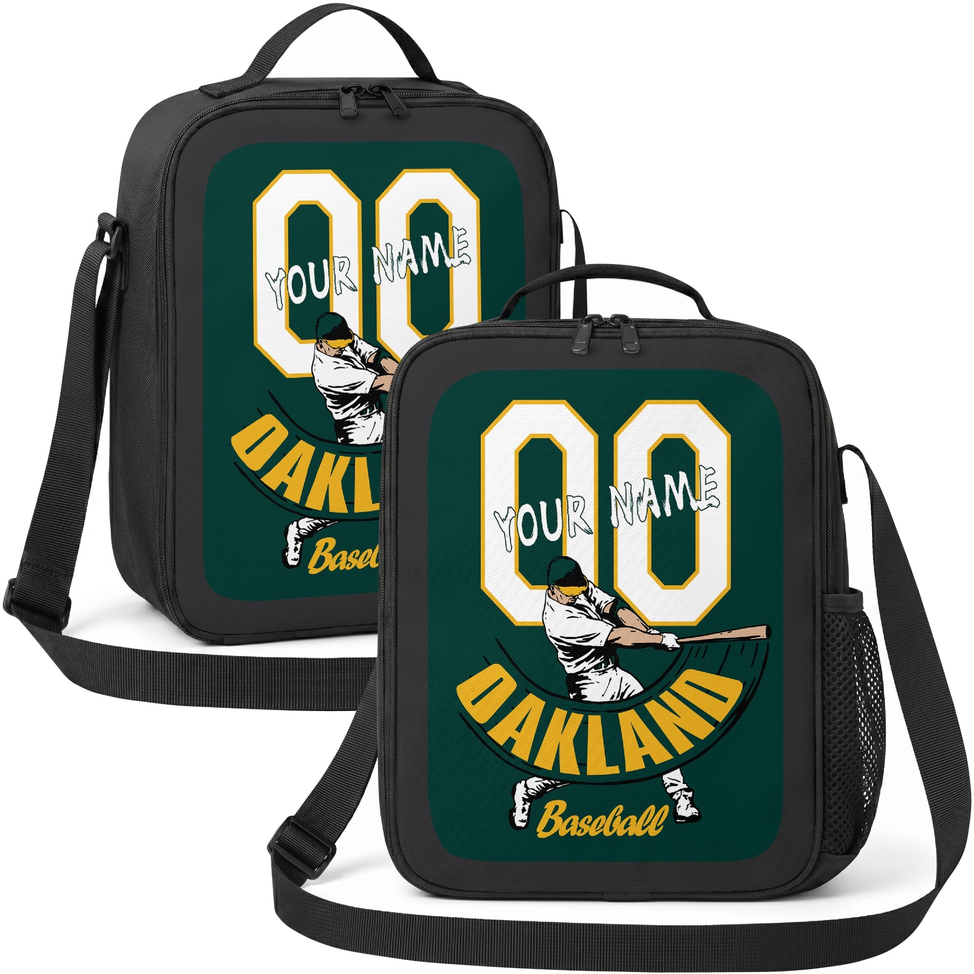 Oakland personalized batter graphic baseball lunch bag in dark green gold and white showing front and angled views with custom name and number