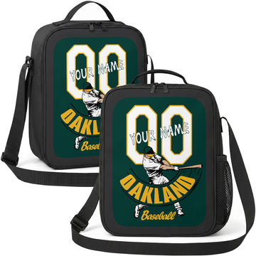 Oakland personalized batter graphic baseball lunch bag in dark green gold and white showing front and angled views with custom name and number
