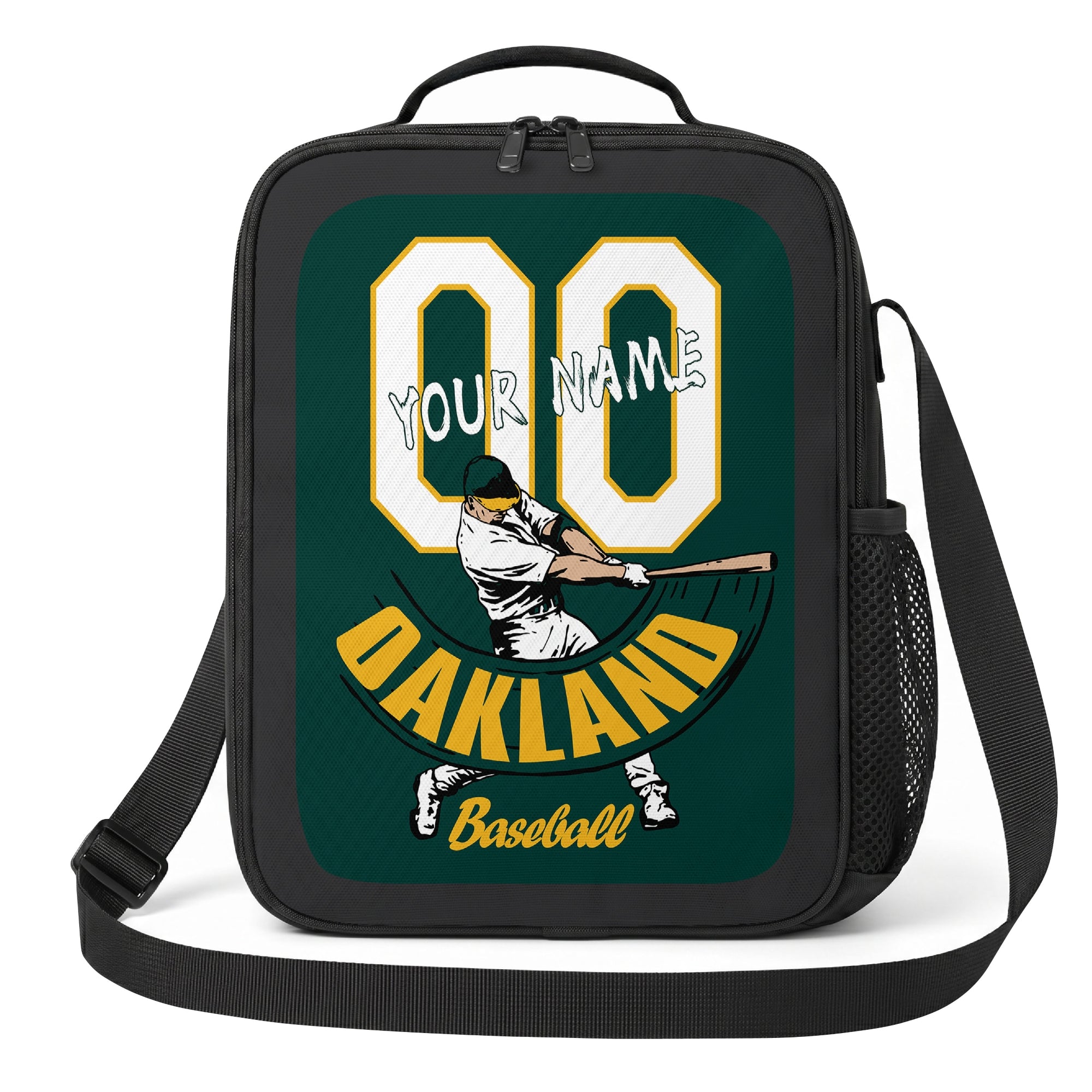 Oakland personalized baseball lunch bag front view in dark green gold and white with swinging batter graphic custom name and jersey number