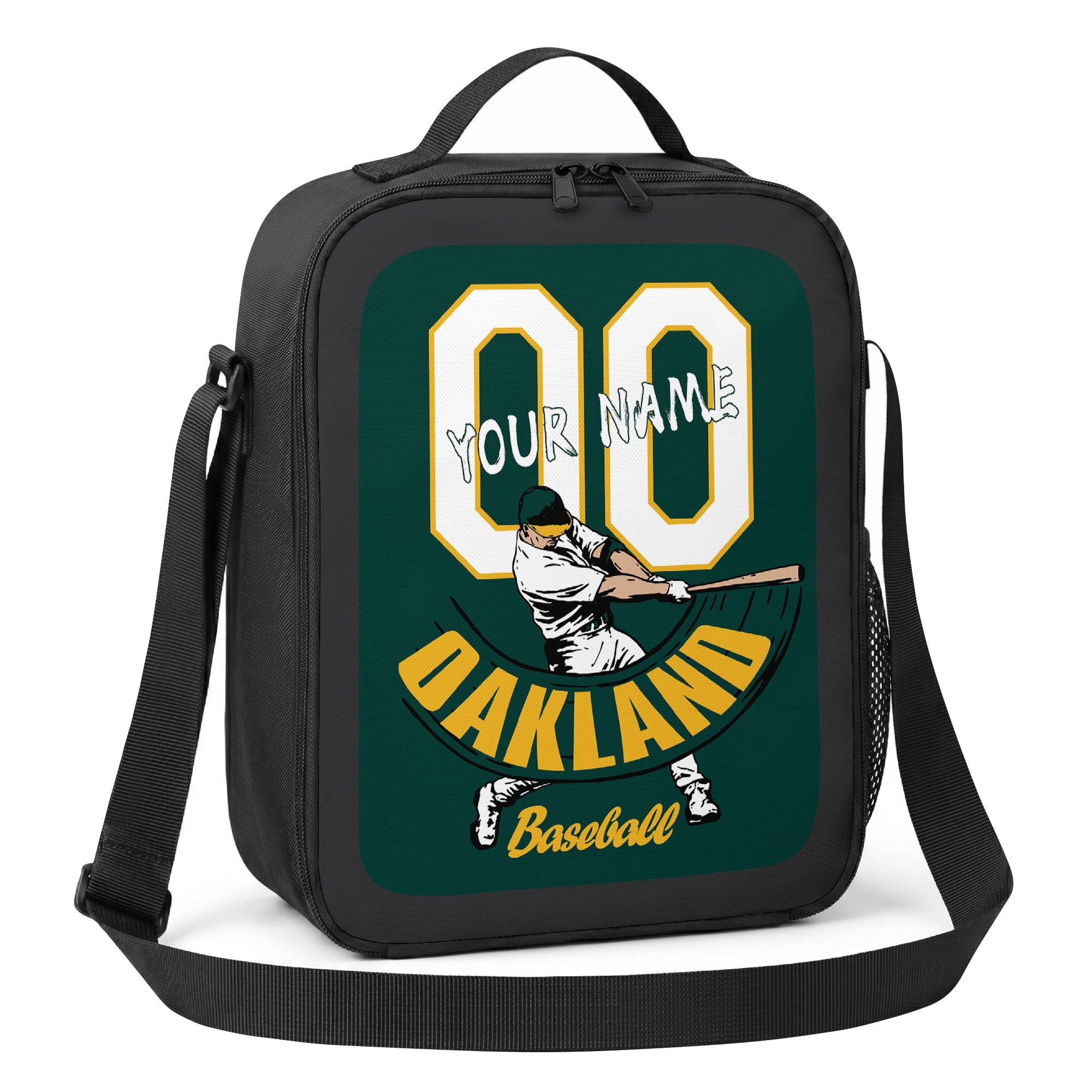 Oakland personalized batter baseball lunch bag angled view with top handle shoulder strap and side mesh pocket