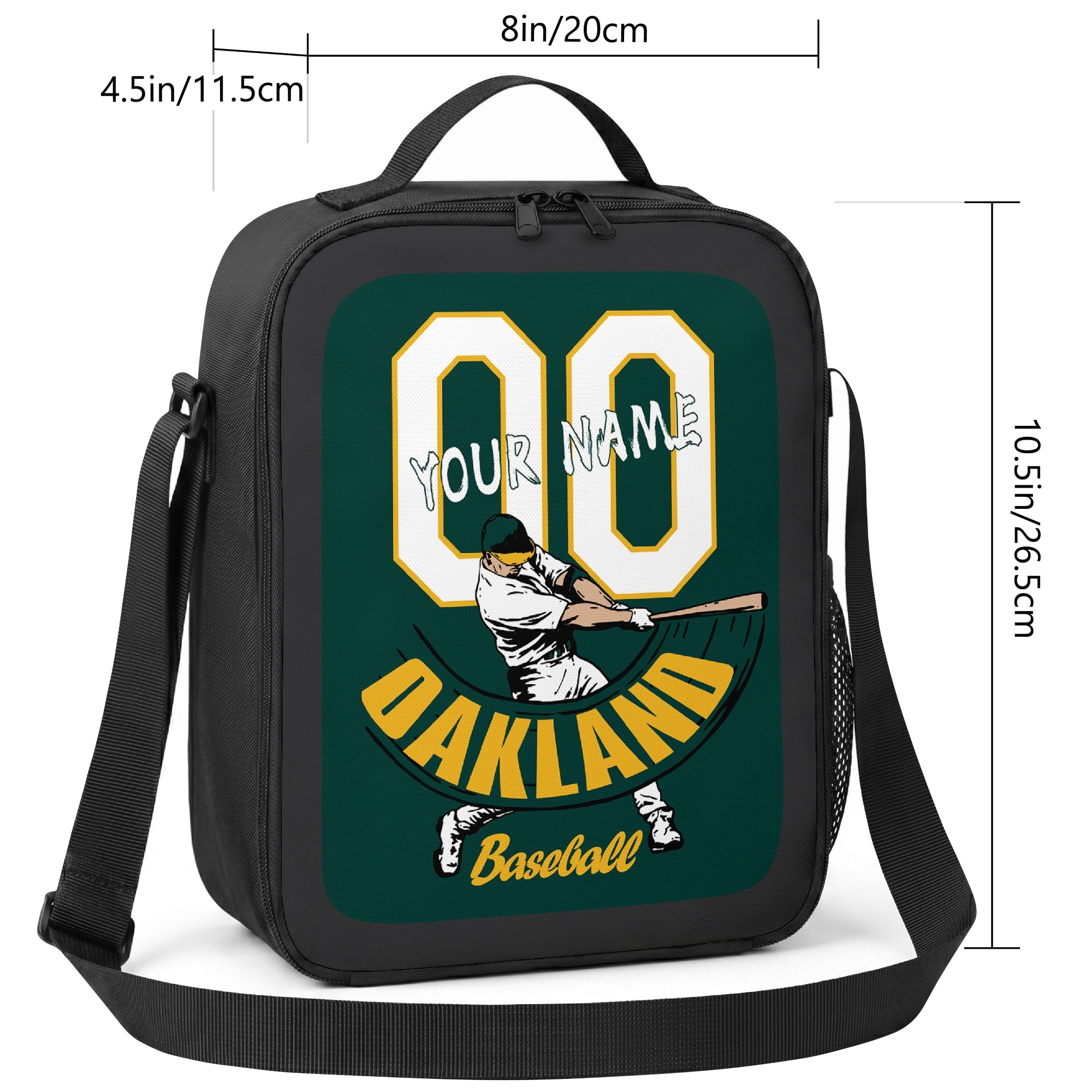 Oakland personalized baseball lunch bag size guide showing 8 inch width 4.5 inch depth and 10.5 inch height