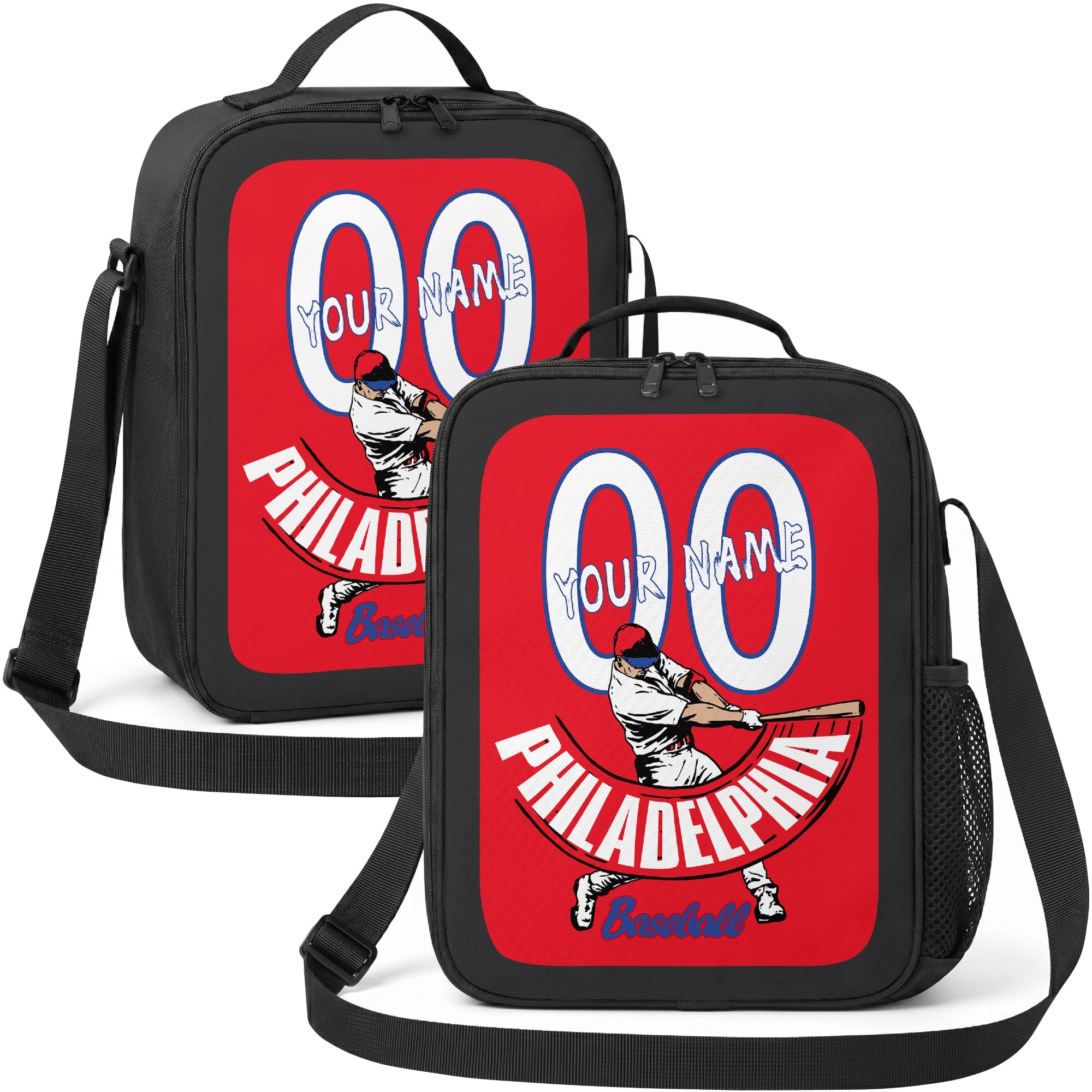 Philadelphia personalized batter graphic baseball lunch bag in red light blue and white showing front and angled views with custom name and number