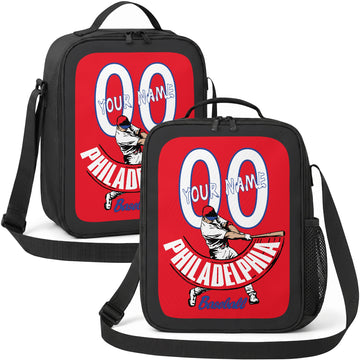 Philadelphia personalized batter graphic baseball lunch bag in red light blue and white showing front and angled views with custom name and number